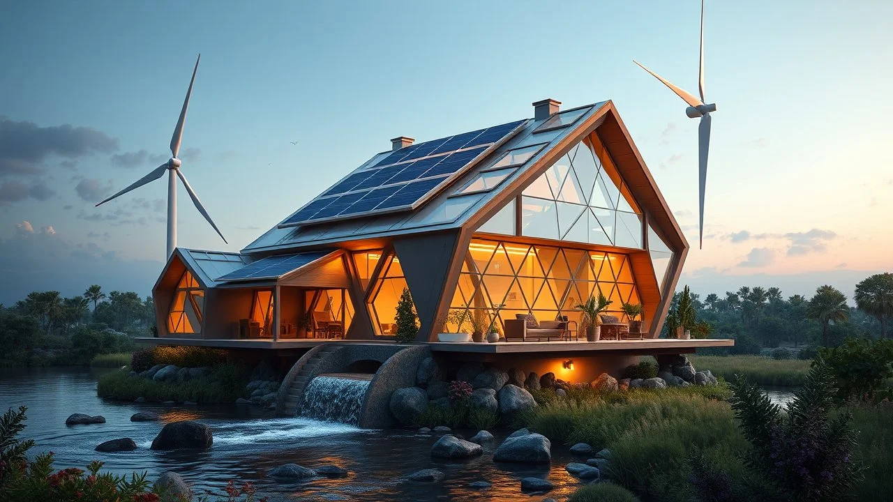 2031. Innovative environmentally-friendly home, solar panels, water wheel in river, alternative energy, wind turbine, scientific experiment, home of the future, amazing geometric architecture, fantasy, robotic, magic, automated, spectacular, futuristic, practical, beautiful lighting, attractive composition, photorealistic, extremely detailed, chiaroscuro