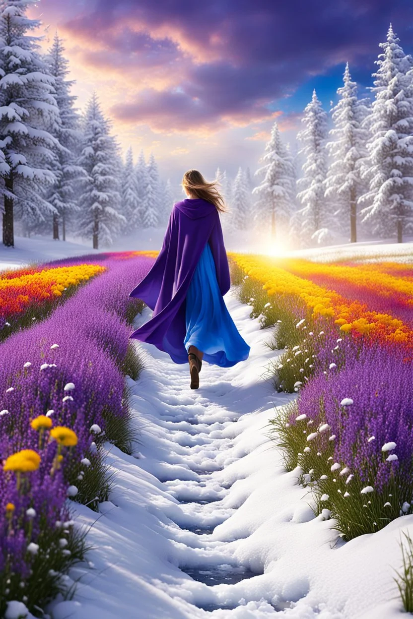 a field filled with lots of flowers next to a forest, footsteps in the snow, splashes of colors, path, very attractive and beautiful clouds, ( land ), pathway, color splashes, beautiful view, soft edges, stunning screensaver.a woman in a blue dress walking down a runway, inspired by Jan Rustem, full body purple and white cloak, t - pose, sound of music, arabian features, preserved historical, a beautiful teen-aged girl, dancer, lodoss, muslim, russian style, people dancing