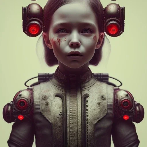 a little girl with a half cyborg face and a lot of red liquid around her, steam punk, scary, horror, realistic, made in octane, cinematic, ultra-realistic, extremely detailed octane rendering, 8K, VRAY Super Real ar 2:3, dof photorealistic futuristic 50mm lens hard lighting dark gray tintype photograph, realistic lighting, sephia colors