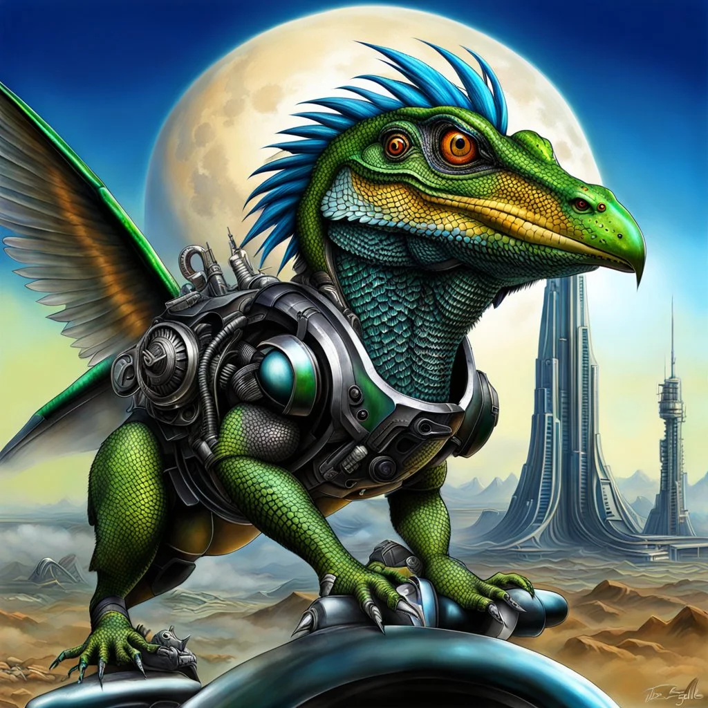 Lucky Stryker, Jet eagle lizard hybrid, biomechanical surrealism,