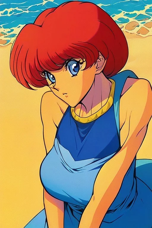 1girl, retro anime, 80's, redhead,portrait, synth-wave colored, beach