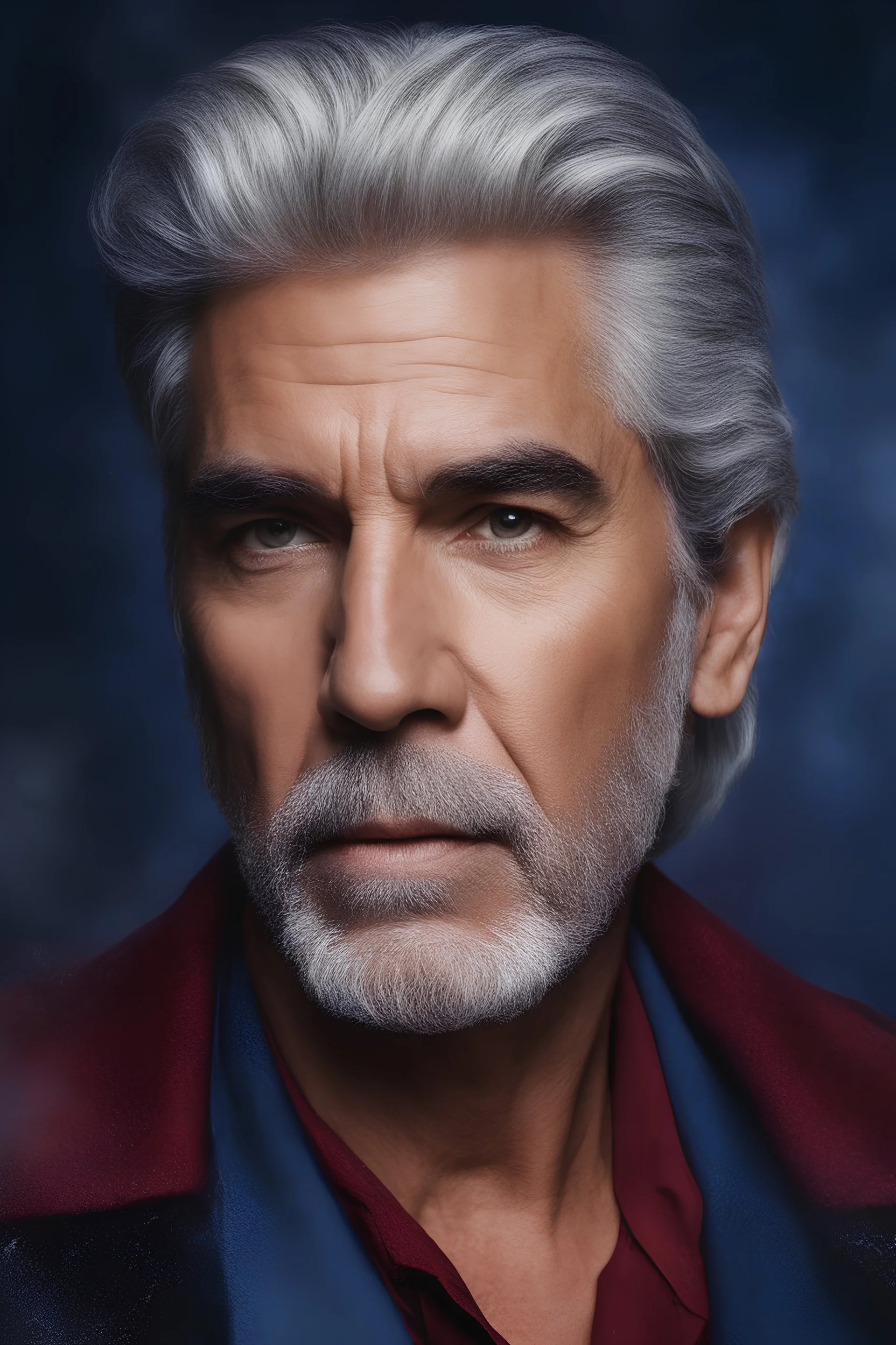 facial portrait - Elvis Sam Elliot - 32k, UHD, 1080p, 8 x 10, glossy professional quality digital photograph - dark blue and dark red, and light maroon and purple and foggy black gradated background, historic, powerful, octane rendering, exquisite detail, 30 - megapixel, 4k, 85 - mm - lens, sharp - focus, intricately - detailed, long exposure time, f8, ISO 100, shutter - speed 1125, diffuse - back - lighting, ((skin details, high detailed skin texture)), (((perfect face))),