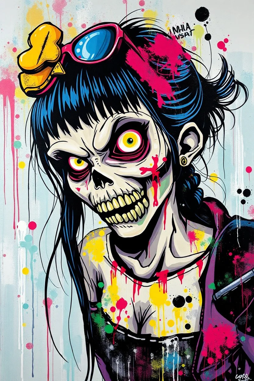 graffiti art of cartoon zombie girl , elaborate acrylic spray paint by Yoji shinkawa + nick Edwards style with bold brushstrokes, vibrant saturated natural color