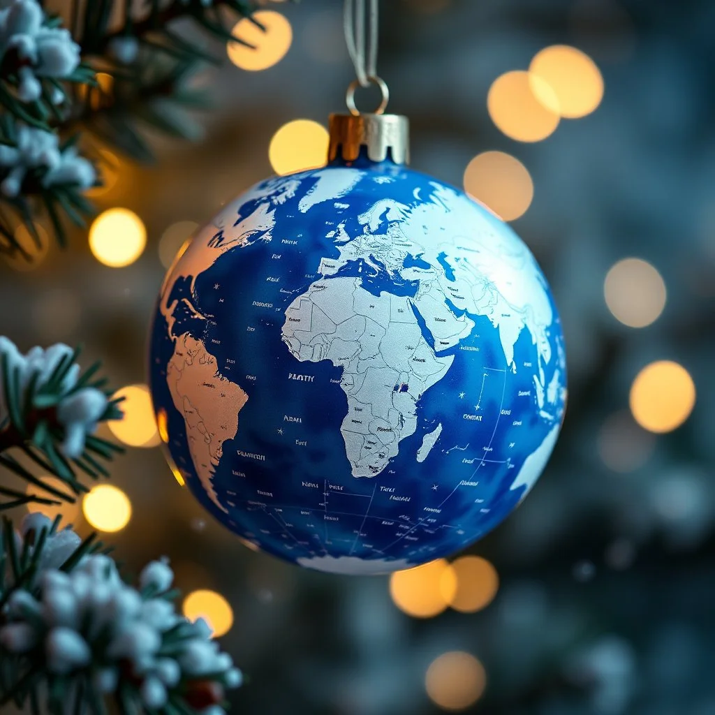 all World Map Globe xmas Ball in Blue-white Colors and little warm lights, blur background with snowflakes , and pines, intricate details, beautifully shot, hyperrealistic, sharp focus, 64 megapixels, perfect composition