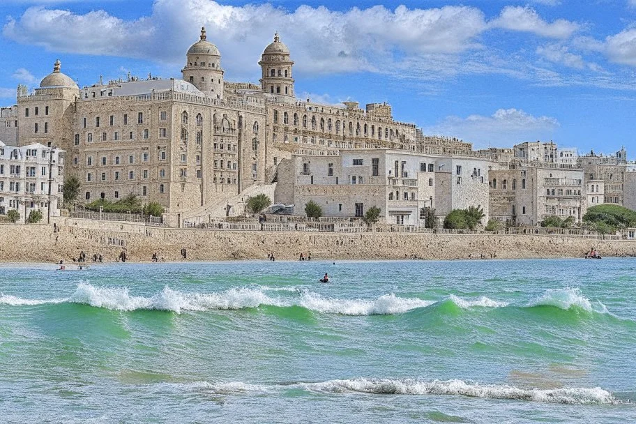 image taken of jaffa, by the sea shore, old stunning buildings, 4k, masterpice, award wining picture, realistic, higly detailed, in style of city of numemor from lord of the rings,