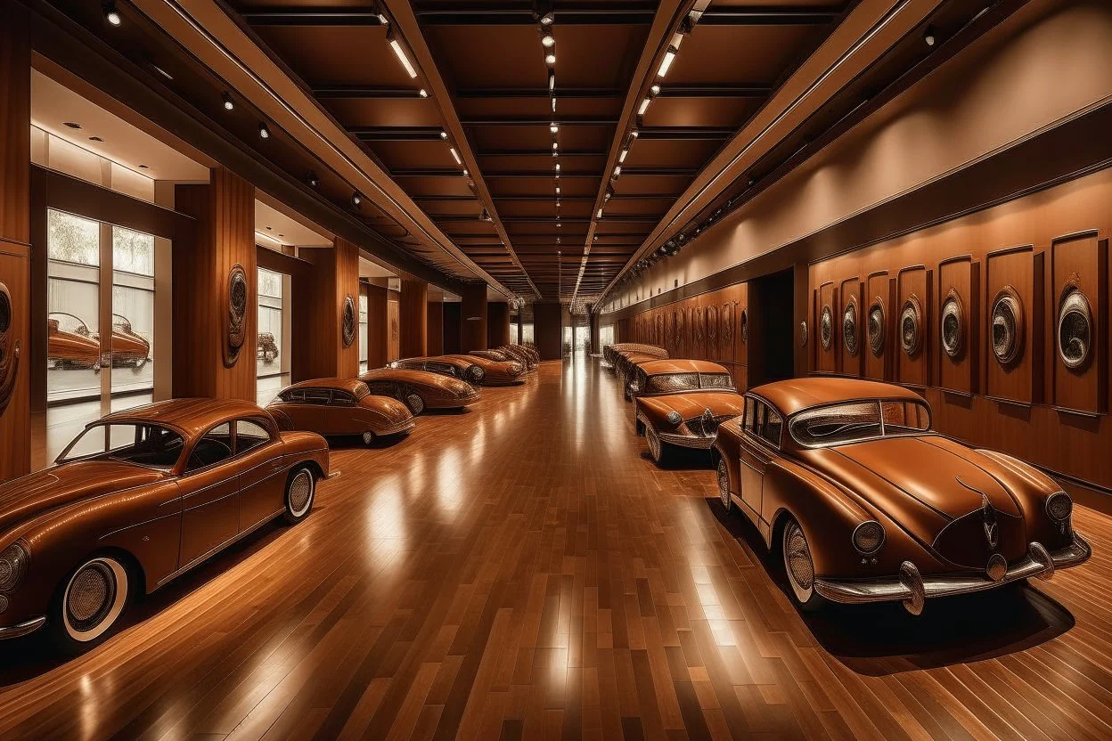 A car museum with brown walls and floors