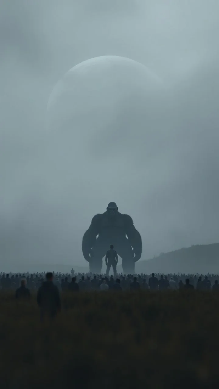A field of random people at the end of the picture gray background an giant dark shadow of King Kong like human figure standing in under blurry gray planet cinematic, 8k