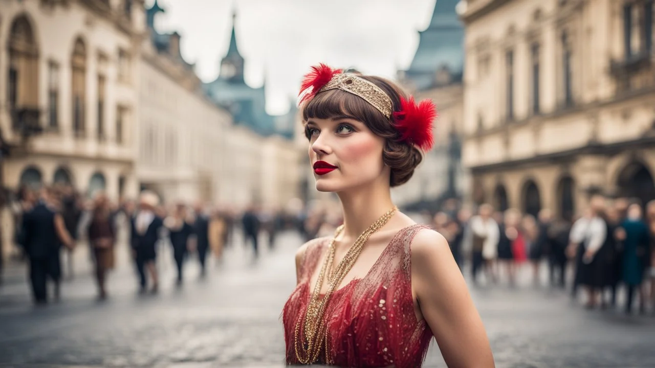 A woman in a beautiful 1920s flapper dress, standing in a busy street of Prague, Czech Republic, surrounded by iconic Baroque architecture, contrasting vintage feel with modern hustle, vibrant colors, classic red lipstick, feathered headband, captured in a dynamic shallow depth of field with a tilt-shift lens, cinematic lighting reminiscent of classic Hollywood films, vintage film grain overlay for a timeless aesthetic