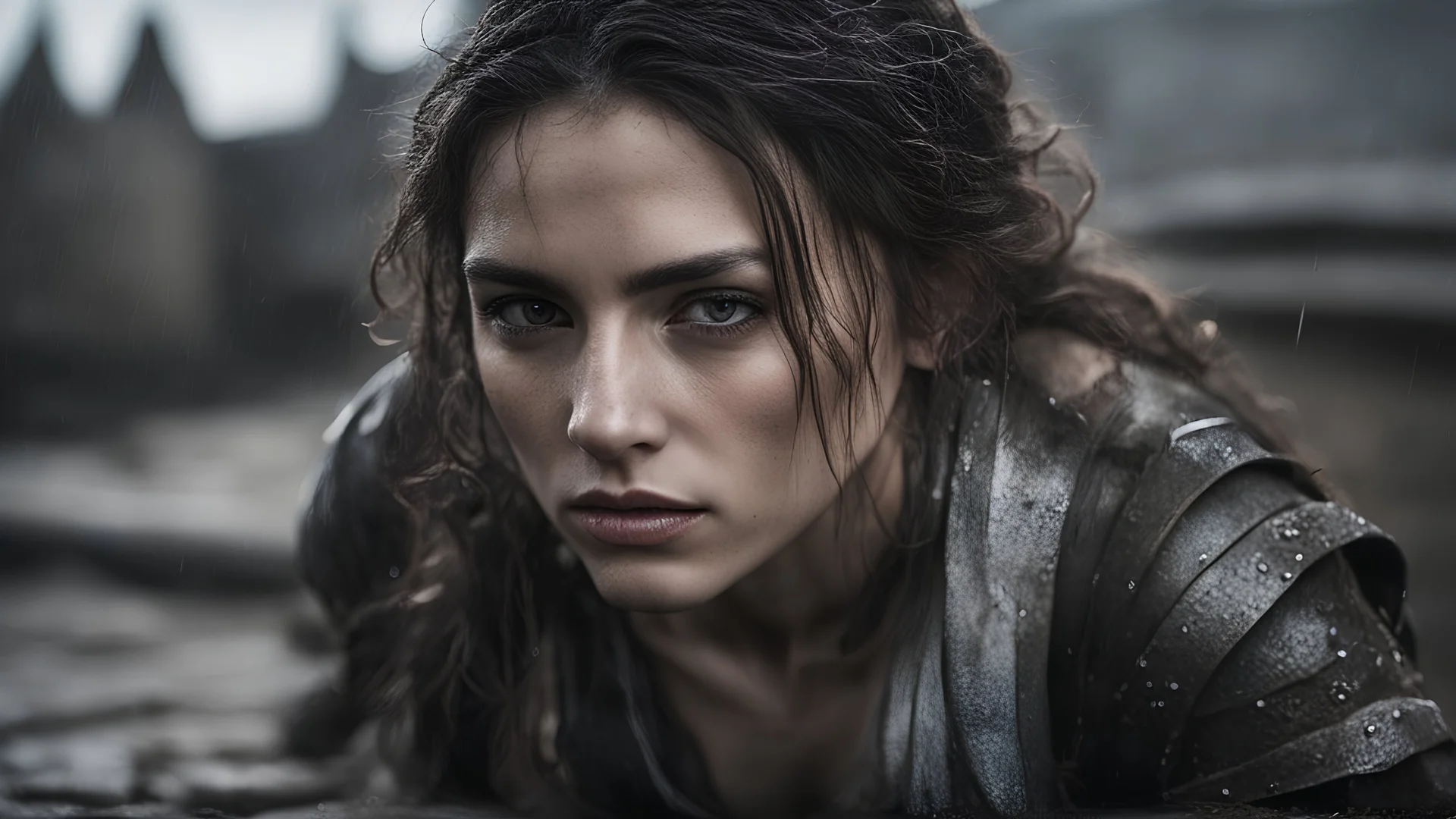 Photoreal close-up of a gorgeous rogue woman crouched in the shadows on an old medieval village rooftop her armor marred and stained with the taint of darkness. Fatigue settled deep within her bones, in pouring rain at midnight by lee jeffries, otherworldly creature, in the style of fantasy movies, shot on Hasselblad h6d-400c, zeiss prime lens, bokeh like f/0.8, tilt-shift lens, 8k, high detail, smooth render, unreal engine 5, cinema 4d, HDR, dust effect, vivid colors