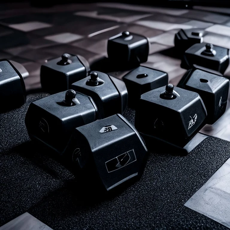 Hexagon dumbbells pair of two, each 12.5KG. Inside a gym on the black rubber tile floor. Bird perspective on the dumbbells laying on the floor.