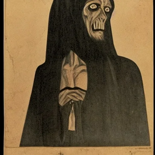 Russian Orthodox nosferatu vampire with a long beard made of flesh with long arms and a robe made a human faces