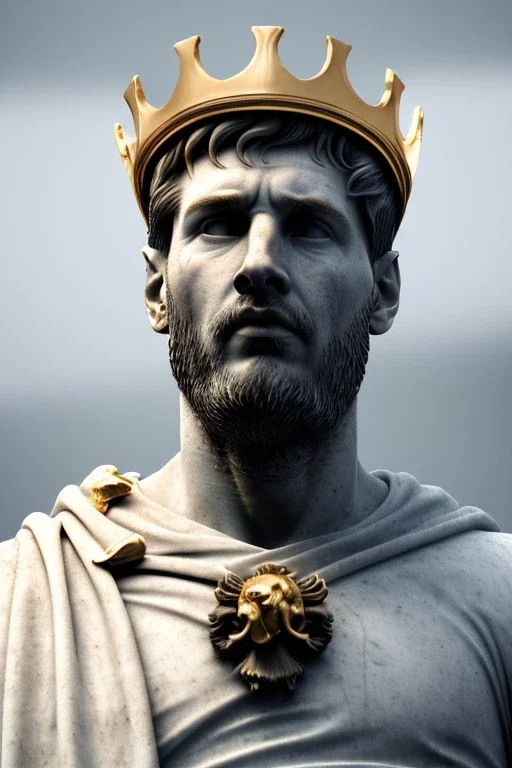 Ultra Realistic image, Roman sculpture, white marble material, Lionel Messi, gold crown of natural thorns, god crown, gold veins, gold ornaments, Renaissance style, sun rays background, waist up portrait, epic, celestial, cinematic lighting, God lights, 4k resolution, smooth details, soft lighting, unreal engine 5, art station, substance 3d.