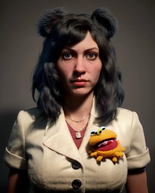 Portrait, waitress woman with monster muppet mask that covers her entire head, retro style, Sesame Street style, black, smooth, unreal engine 5, god lights, ray tracing, RTX, lumen lighting, ultra detail, volumetric lighting, 3d.