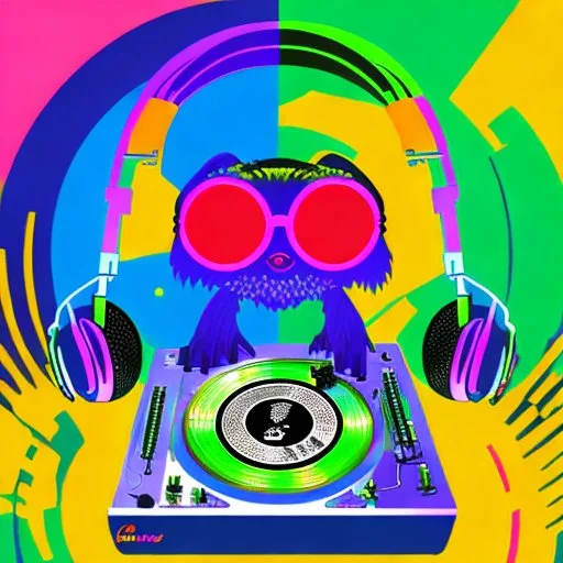 The image features a cartoon DJ character, cyberpunk alien animal, wearing headphones, a DJ turntable. The character is surrounded by a vibrant and colorful background, which adds to the lively atmosphere of the scene. The DJ character appears to be the main focus of the image, and the headphones and turntable emphasize their role as a DJ. The overall scene is visually appealing and captures the essence of a DJ's creative and energetic performance, art style by Coco Vadi, masterpiece of art, am