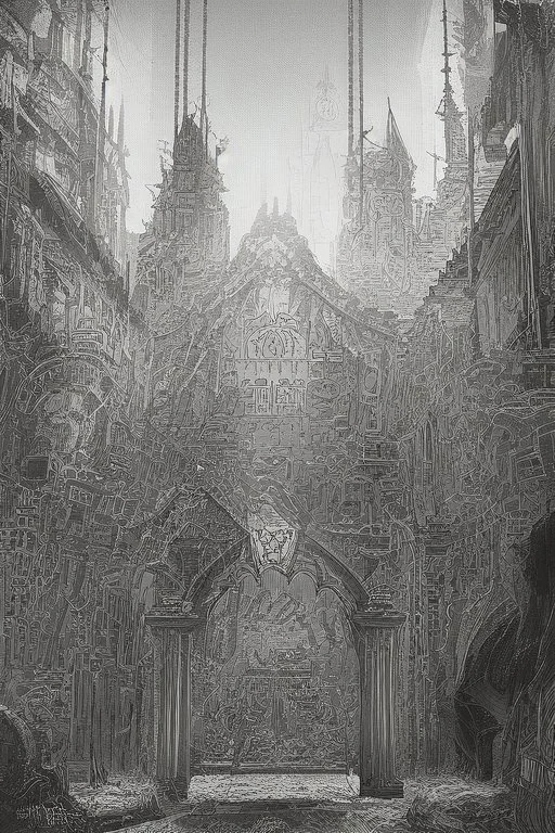 surrealis monochrome A fragmented, surreal sculpture liguid color of photorealistic image 3d,psychedelic art of an castle glossy emerging from dreamlike a crumbling building. The face appears pale with deep cracks and intricate details, evoking a haunting expression. Blackened tree branches intertwine with the gold mengkilat cracks, set against a backdrop of stormy, cloud-filled skies. bauhaus art The overall tone is dark and moody, suggesting themes of decay and transformation.