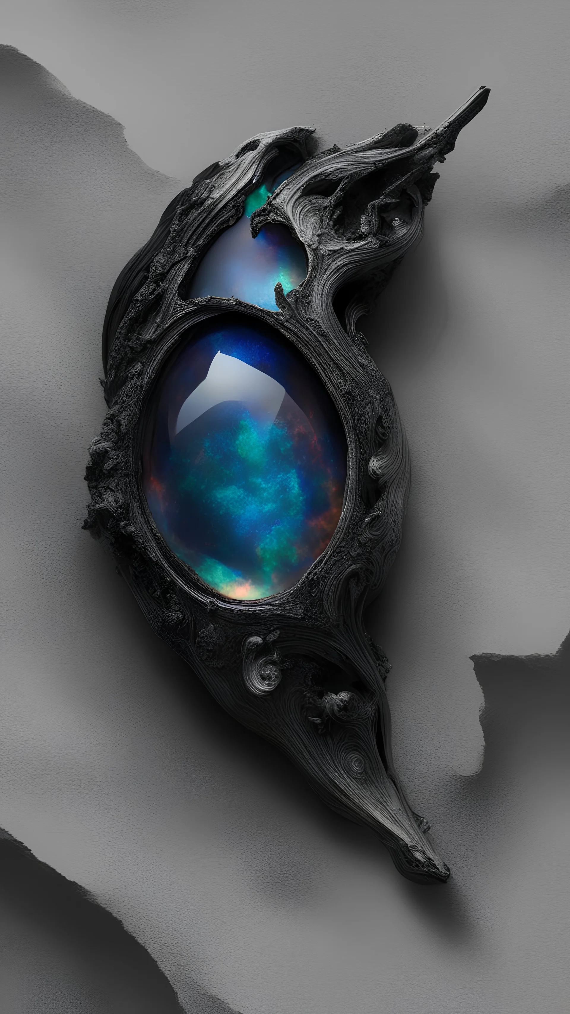 Capture the intricate play of colors and shapes within black opal, revealing a cosmic landscape akin to a vibrant nebula.