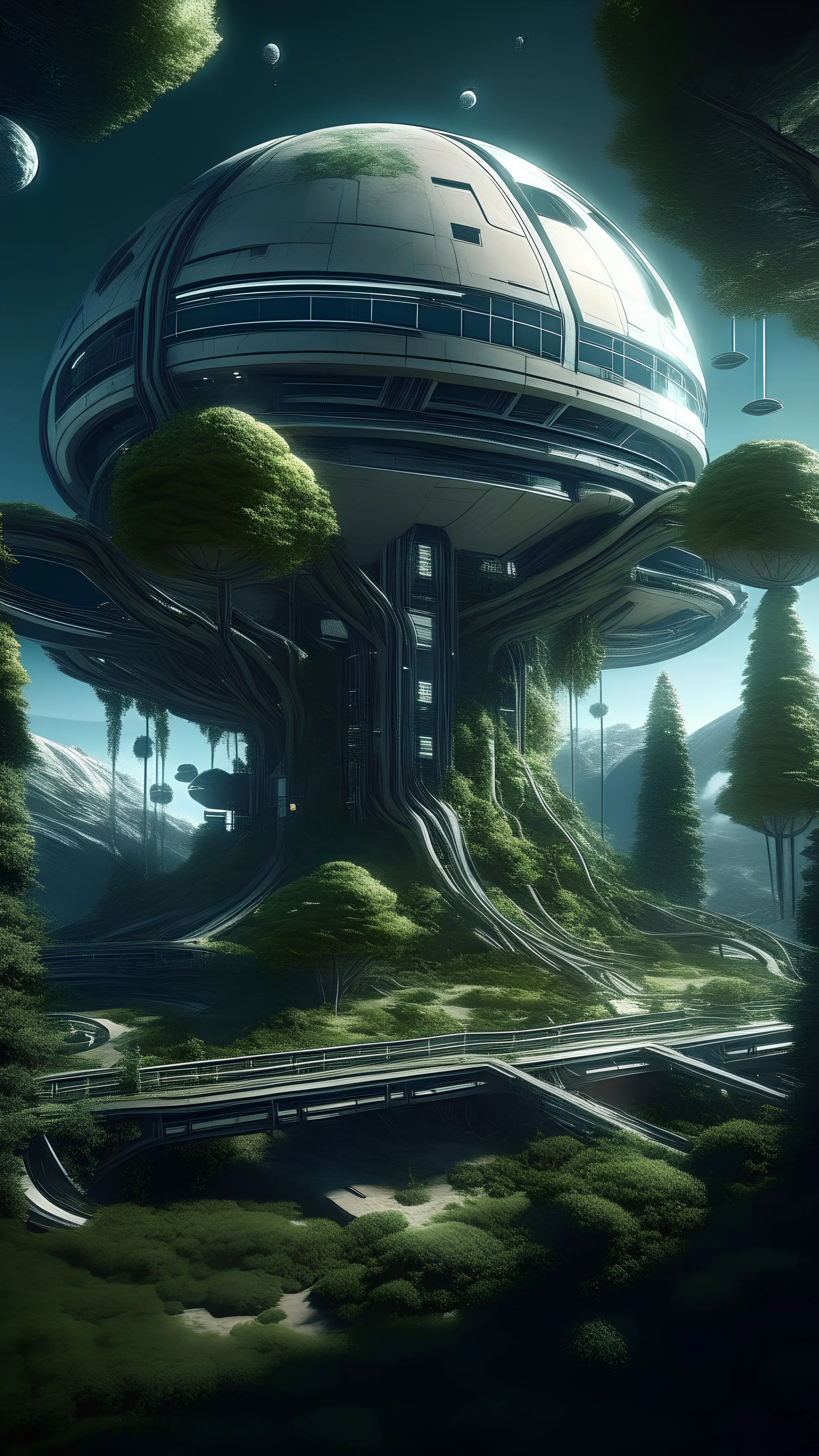sci fi planet, space station, trees