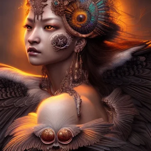 Insanely detailed photograph of an elaborate beautiful hawk goddess intricate glowing skin eyes intricate face hair lashes fur dress hyperdetailed painting by Anna Dittmann Huang Guangjian and Dan Witz CGSociety ZBrush Central fantasy art album cover art 4K 64 megapixels 8K resolution HDR Greek shiny space colours jewelry celestial hair eyes light"