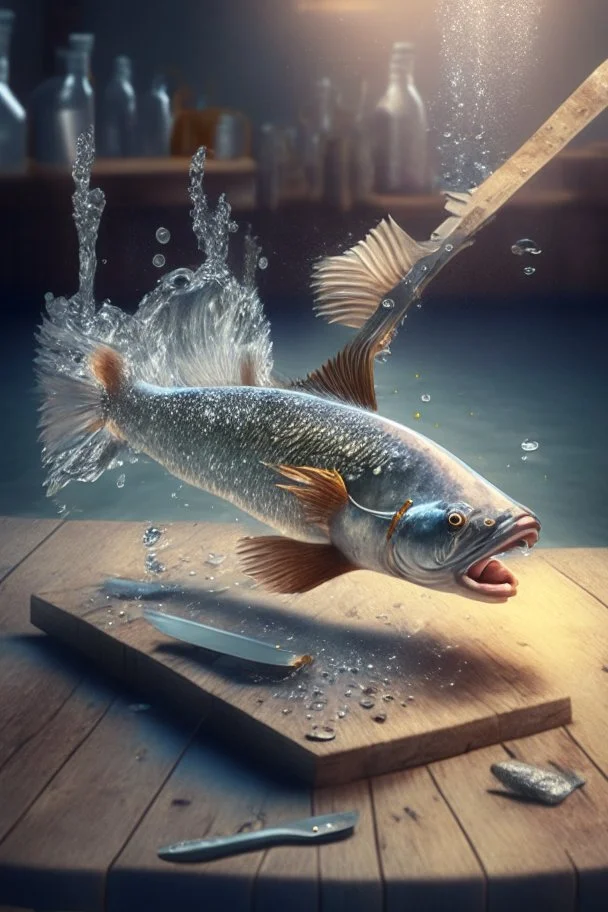 fish with hands and fingers, down in the sparkly water, producing a wooden table and a big knife, 3d rendering, depth of field