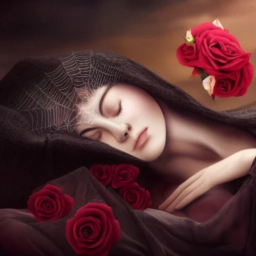 woman sleeping on satin pillow with spiderwebs covering face and hands crossed against chest holding roses, 8k, high-quality, fine-detail, intricate, sharp, crisp, digital art, detailed matte, illustration, octane render, brian froud, howard lyon, Anne Dittman, Anne Stokes, Lisa Parker, Selina French