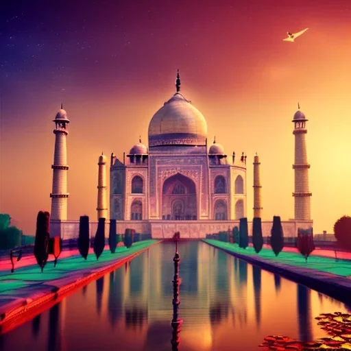 The Taj Mahal, Hindistan, sunset, fantasy art, flying birds, springs, waterfall