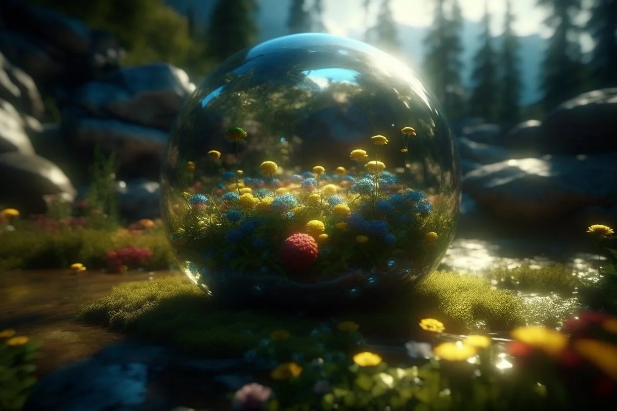 lightning sparkling flowers in floating glass balls, in forest, on lakeside in sunshine detailed matte painting, deep color, fantastical, intricate detail, splash screen, complementary colors, fantasy concept art, 8k resolution trending on Artstation Unreal Engine 5