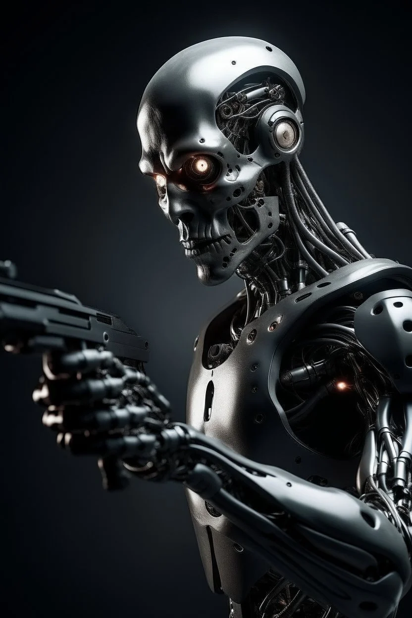 a scary cyborg with a gun searching for humans looking right and is far away