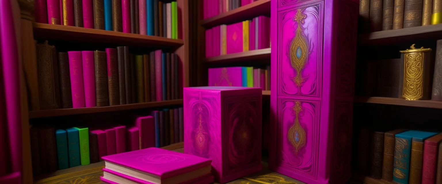 A magenta arcane library with psychic books designed in Navajo yarn painted by Leonardo da Vinci