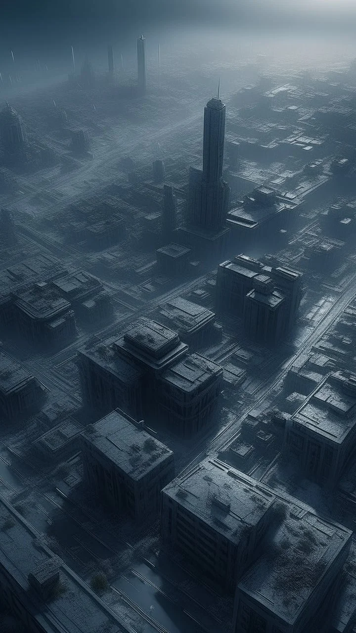 A top view of a big city 3000 bc ,surrealism of the dark of a nightmare ten miles high and six foot deep, hyper photorealistic, hyper detailed dark art color, high resolution, fog, octane render, tilt shift, HDRI Environment, all pictures dark gray