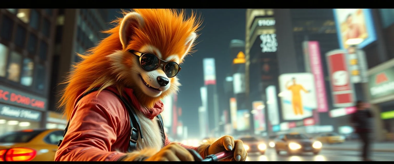 Brad Pit as fast cyberpunk weasel rasta man with cute fur, in big cyberpunk city, in the style of gta 4, with motion blur and volume light