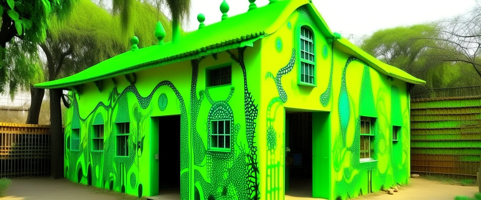 A lime green cybernetic workshop designed in Indian Gond art painted by Zhang Lu