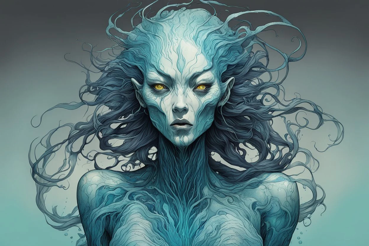 front facing full body illustration of a malevolent shape shifting female Funayurei water ghost with highly detailed facial features and translucent skin textures, in the style of Alex Pardee , Jean Giraud Moebius, and Katsushika Hokusai, highly detailed, boldly inked, deep murky aquatic color