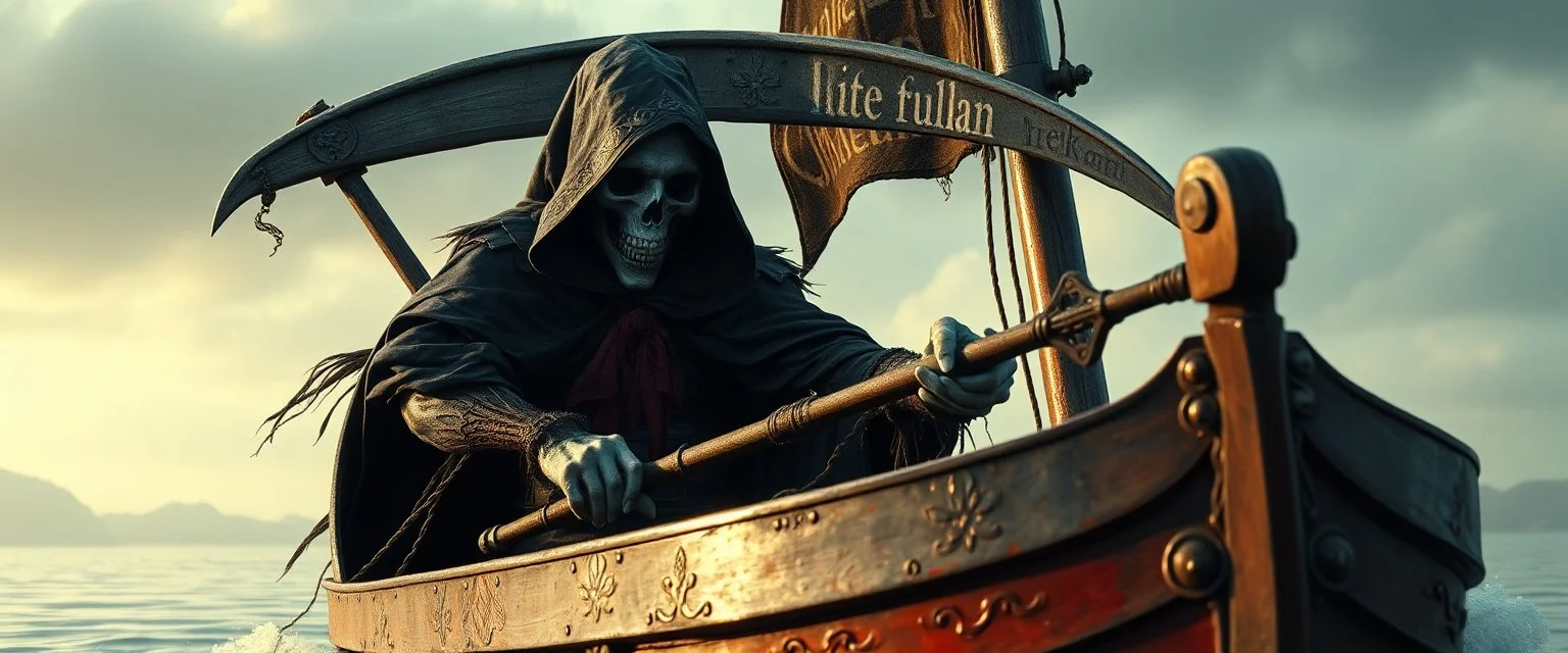 grim reaper werewolf cape harlekin, morning in ornate boat, scimitar, together with norwegian folk lore "pesta"