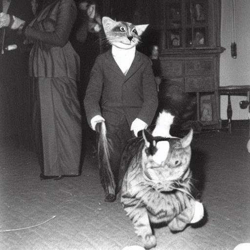 Creepy old photo of new years eve party with monster cat