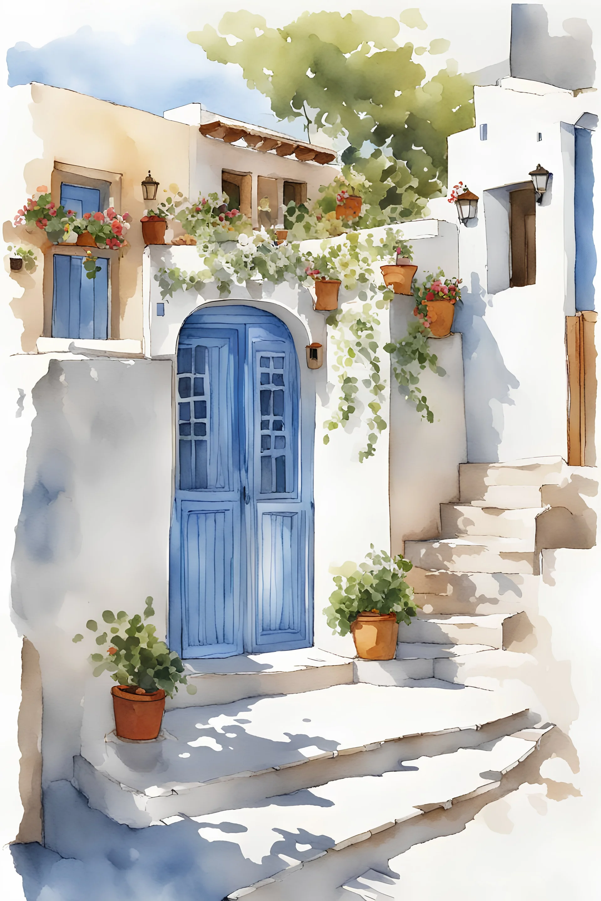 A distant view of an entrance of a Greek taverna in Santorini and surrounding houses . Watercolor art with ink outline, white bleed around image