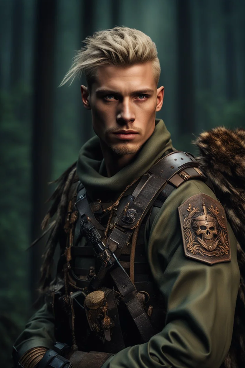 photorealistic hyperdetailed portait of 20-year-old german male, as mercenary with long blonde undercut hair, tribal tattoos and neatly trimmed beard wearing modern mercenary uniform dark fantasy forest backdrop