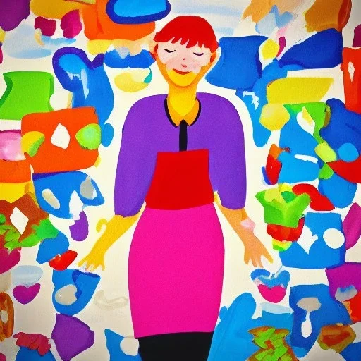 A colorful cartoon woman at work