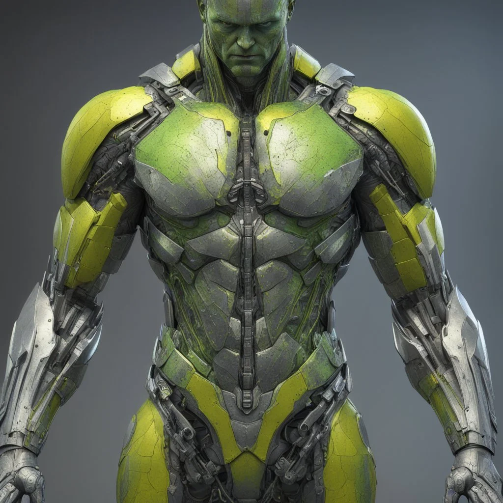 ANDROID man, torso with arms, (((full body))) armor, hyper detailed 8k colored pewter, yellow green and silver, incubus, detailed digital painting by Adam Martinakis, Howard Lyon, Alejandro Jansson, Aleksi Briclot, background art by Aaron Miller, ultra - fine detail, 16k, artstation trend, sharp focus, studio shot, intricate details. Full body