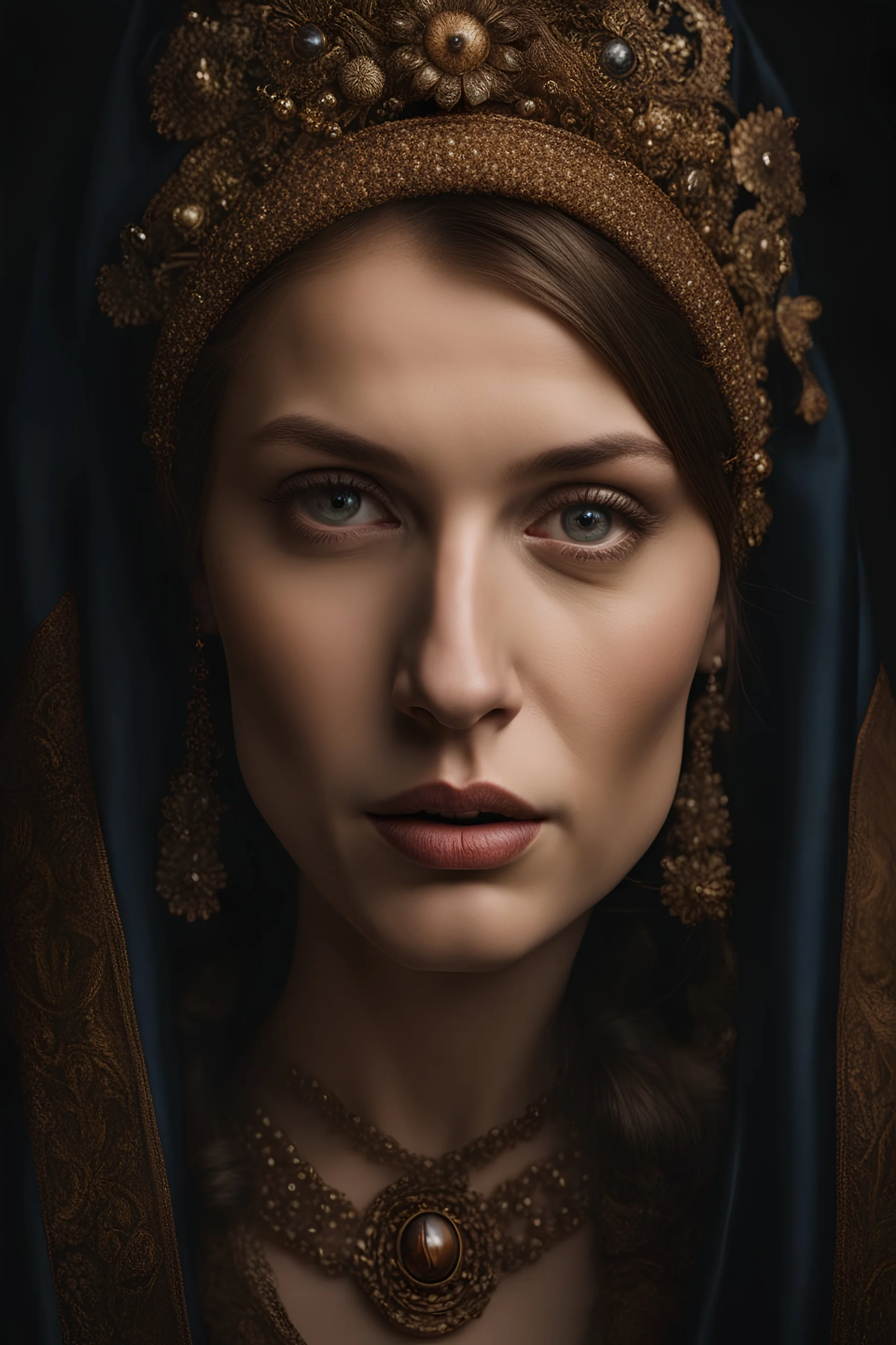 amazing portrait of Jovana Stojiljkovic, horror art, highly detailed, masterpiece, dramatic, original, horror, eerie, macabre, death, dread, scary atmosphere,ultra realistic, zeiss portrait, leica portrait, photograph by Martin Schoeller, (cinematic look), insane details, rembrandt lighting, hyperdetailed, Artgerm, WLOP, studio photo, Dewy Glow Makeup,(looking at viewer, facing forward, headshot), simple background, dark colors