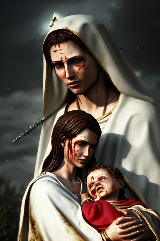 The Virgin Mary holds Christ in her arms, cries with blood, resident evil, resident evil, horor, photorealistic illustration, 8k