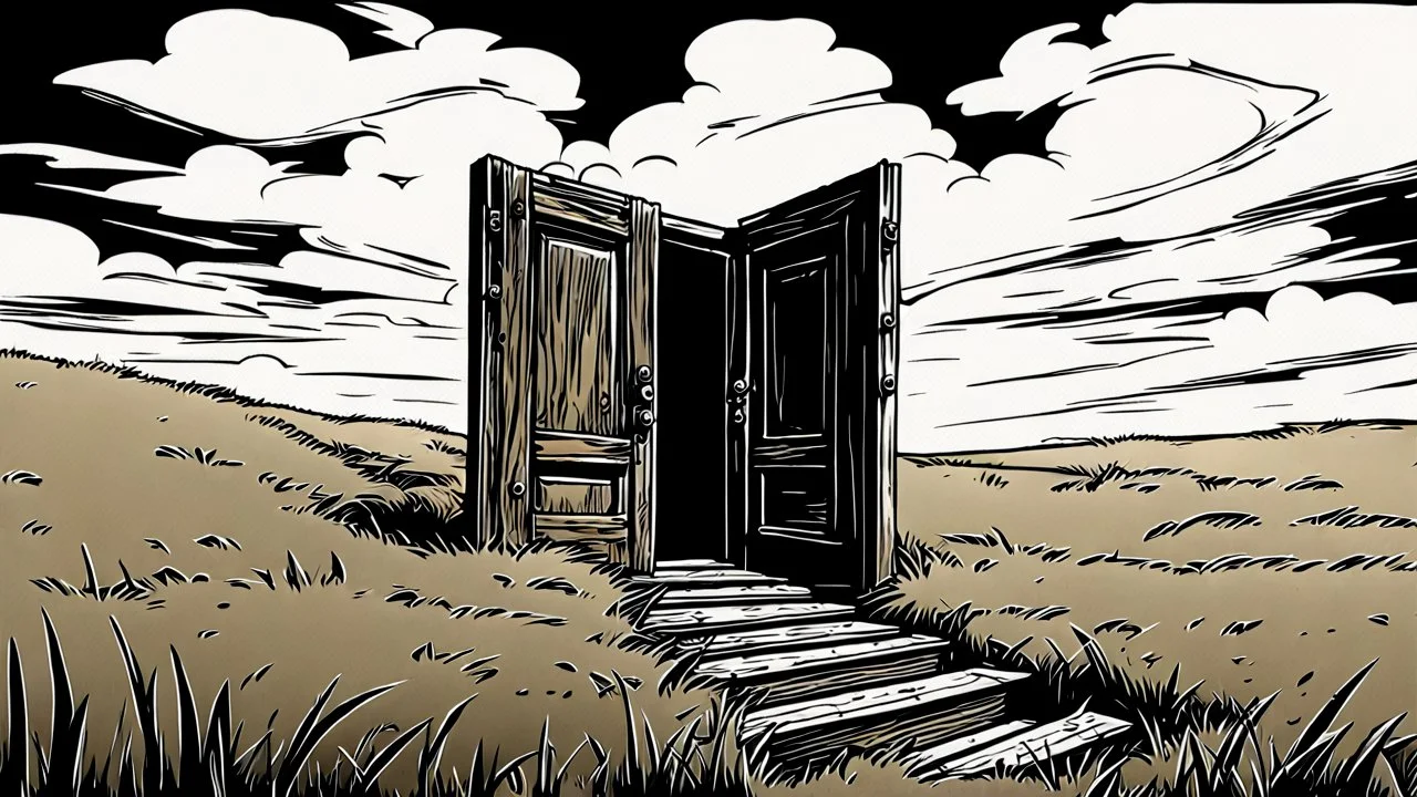 broken wooden door, anime, monochrome, black background, ink, simple, maximum quality, broken hinge, barely functioning, centered on frame, far view, in the middle of a grassy hill, white sky with cumulonimbus
