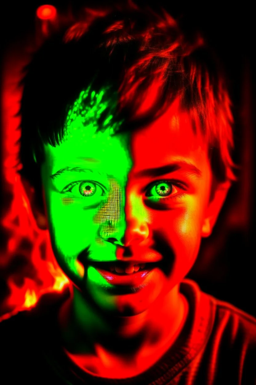 Face of an evil child with a demonic smile, white eyes, surrounded by flames, youthful green light, fire starter in the background