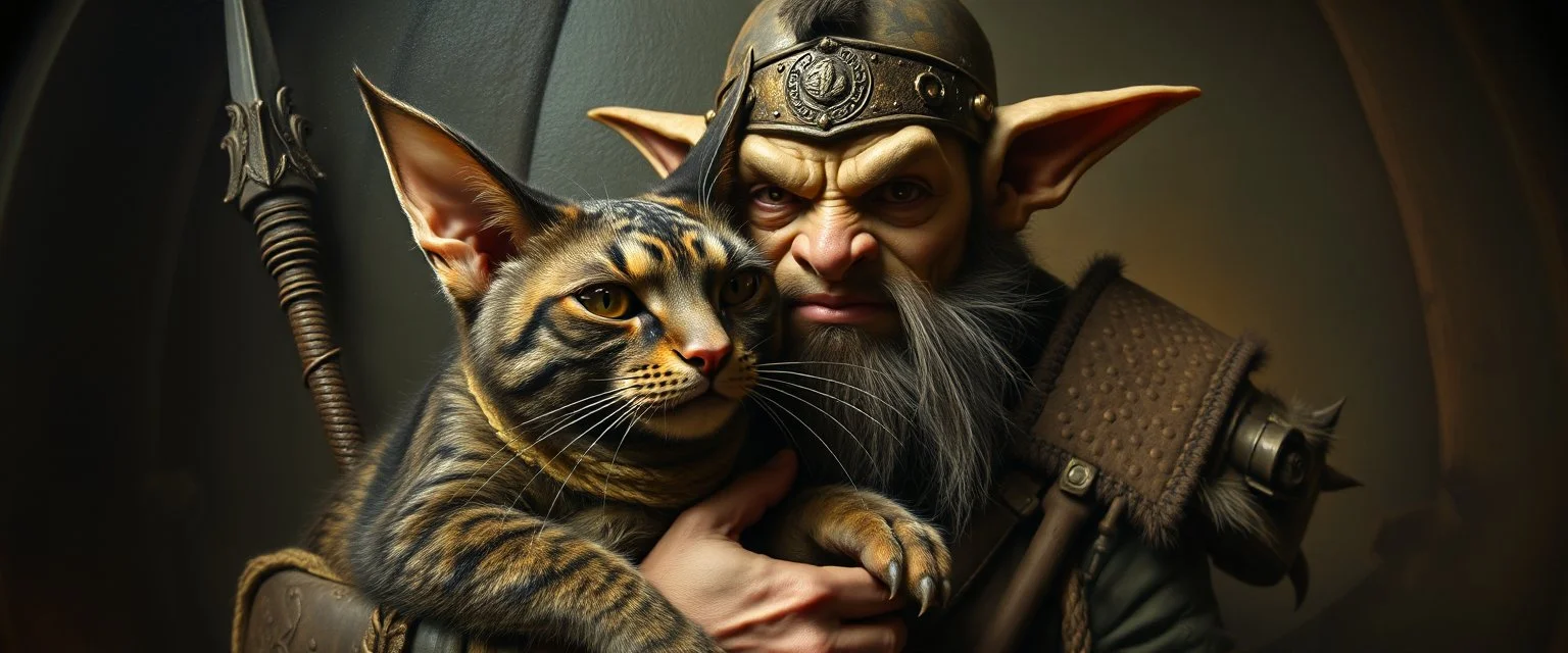 pin hole camera picture, master oil painting by Rembrandt, fantasy orc soldier holding and petting a big ugly cat gremlin