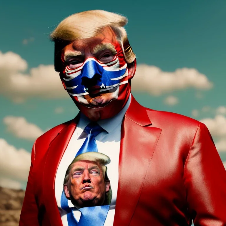 realistic image of donald trump as a mexican wrestling fighter posing outdoors, Mexican eyes wrestling mask, red and blue breeches, suspenders, retro style, 80s, vibrant color, highly detailed, sky background, concept art, unreal engine 5, god rays, ray tracing, RTX, lumen lighting, ultra detail, volumetric lighting, 3d, finely drawn, high definition, high resolution.