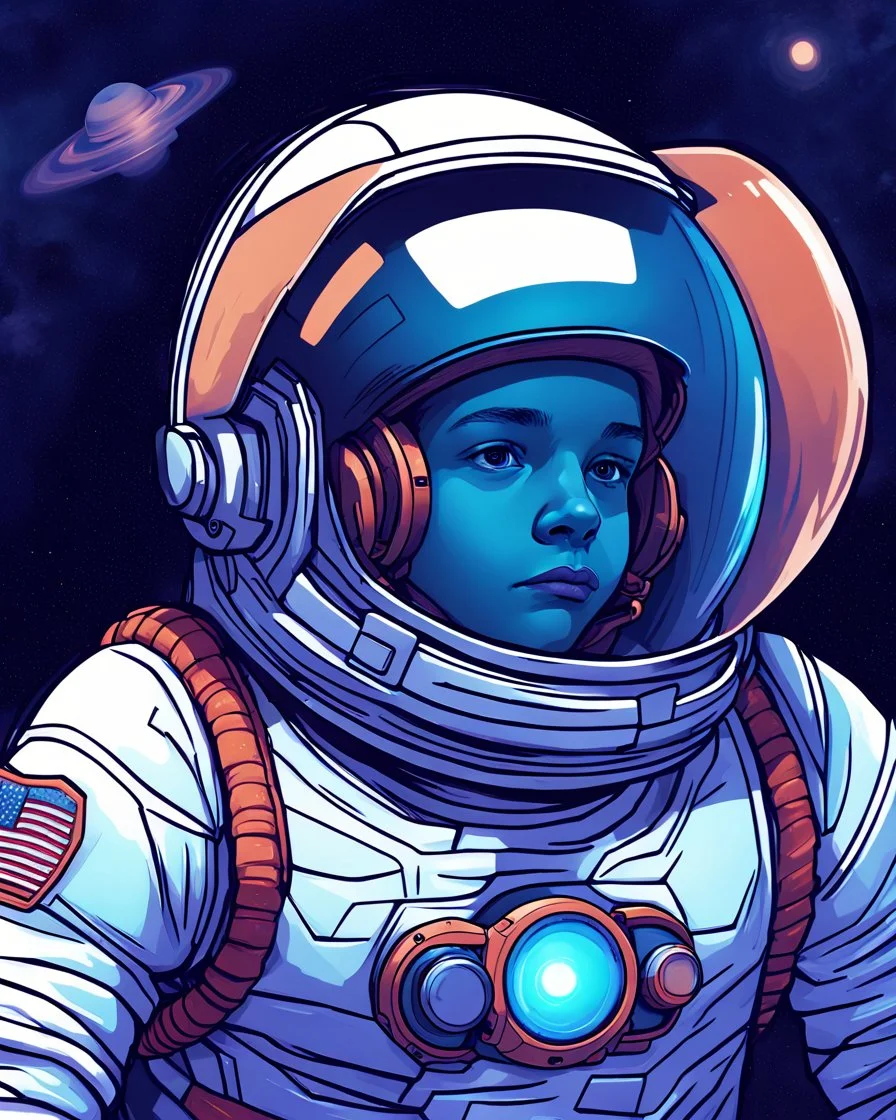 a close up of a boy in a space suit, portrait of an astronaut, portrait of an ai astronaut, jen bartel, portrait of astronaut, detailed astronaut, inspired by Tim Hildebrandt, futuristic astronaut, glowing spacesuit, sci-fi digital art illustration, stefan koidl inspired, in spacesuit, looking out into space, astronaut