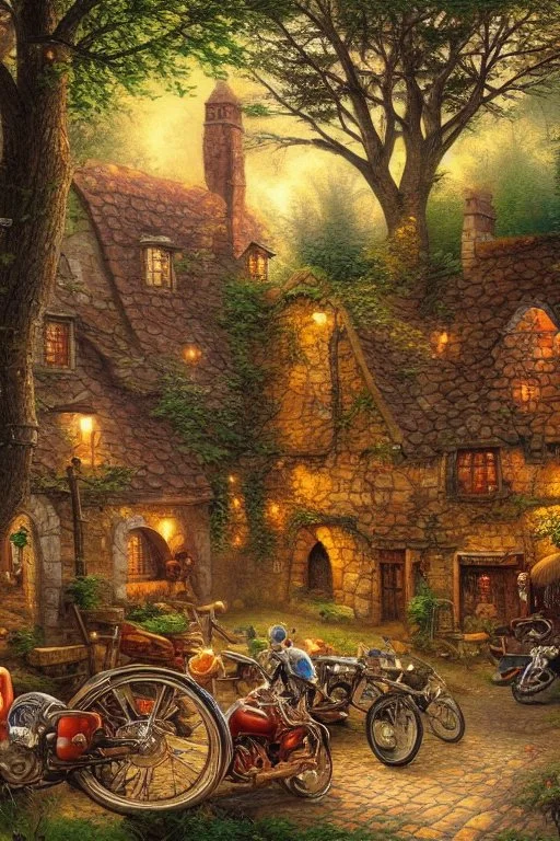 Small Medieval tavern for bikers in a forest, motorcycles parked infront highly detailed digital painting oil on canvas cinematic lighting sensuality beautiful wallpaper fantastic view crisp quality Jacek Yerka Thomas Kinkade Carl Barks