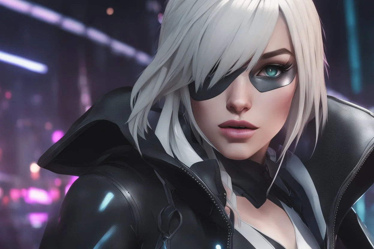 Spidergwen in 8k nier automata anime drawing style, venom them, cinematic mood, neon effect, close picture, rain, highly detailed, high details, detailed portrait, masterpiece,ultra detailed, ultra quality
