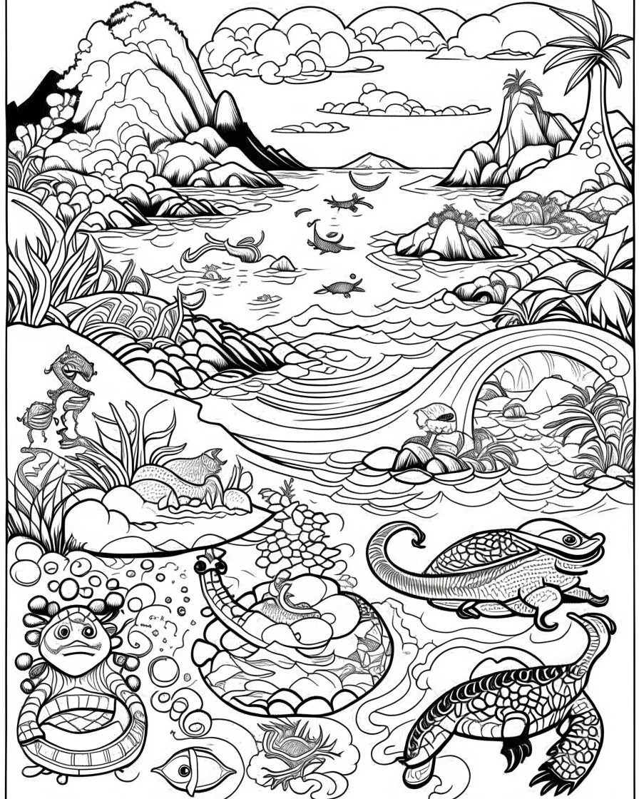 coloring pages for kids, Pacific island shaped Japanese ink painting, muted colors, including Dark black highlights to draw attention , rice paper texture, splashed paint, tropical beach, paradise, sea turtles, yellow sun, a Polynesian warrior , Art drawing ; ink , super detailed, text a the bottom “Tonga”, anime cartoon style, thick lines, low detail, black and white, no shading, --ar 85:110