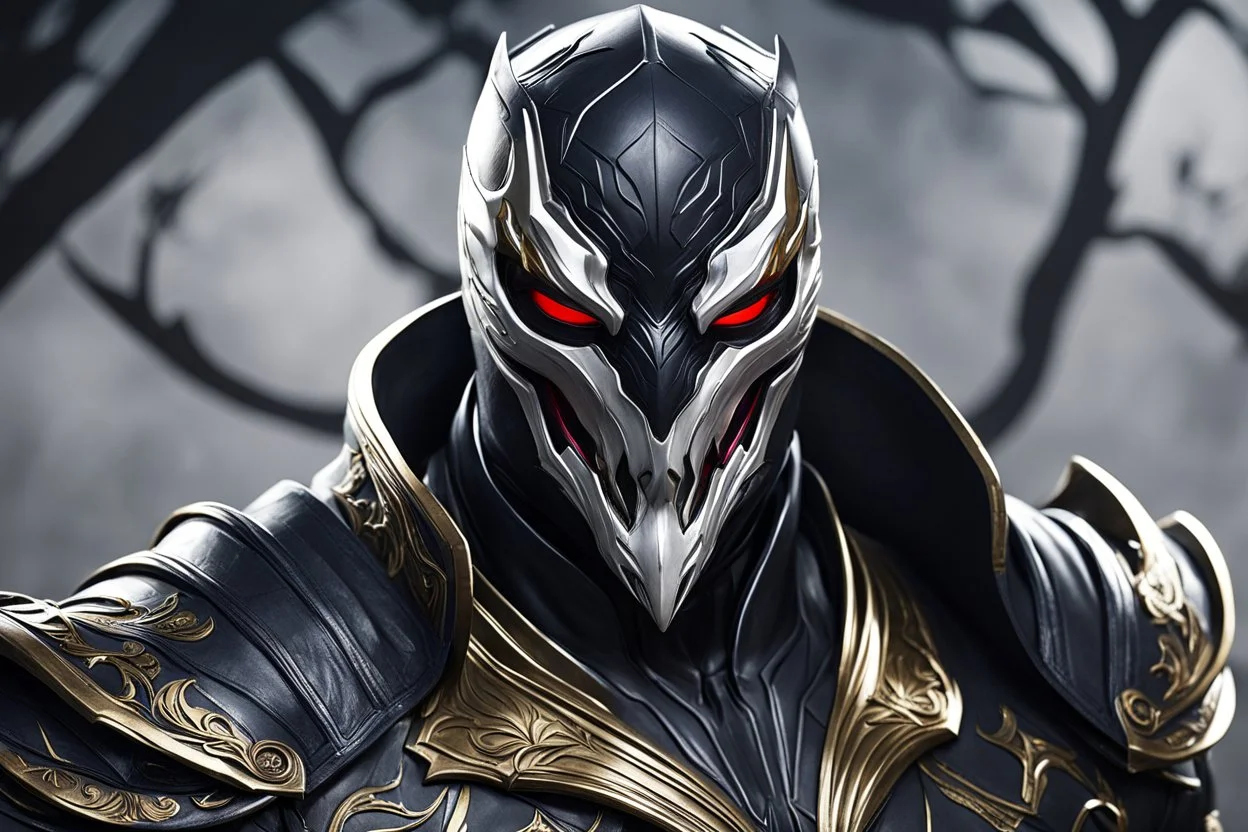 Jhin venom in 8k live action artstyle, bloody moon mask, close picture, intricate details, highly detailed, high details, detailed portrait, masterpiece,ultra detailed, ultra quality