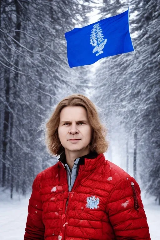 Portrait of Matti Nykänen with Finland flag in winter landscape.